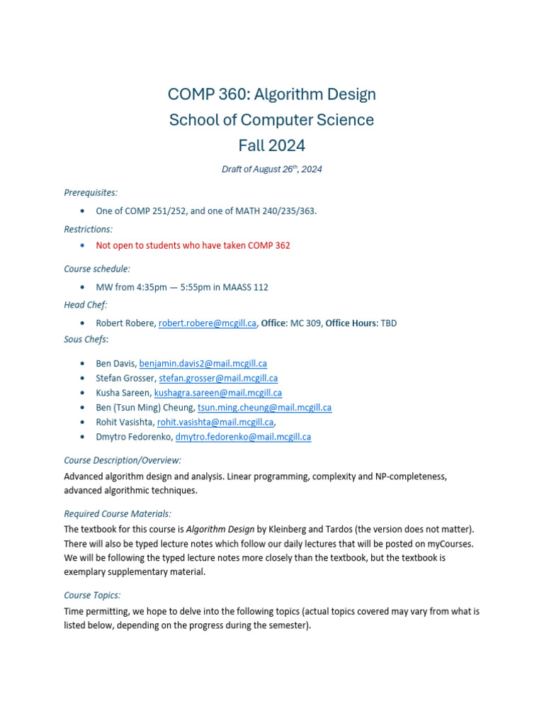 McGill COMP 360 Course Outline | PDF | Linear Programming ...