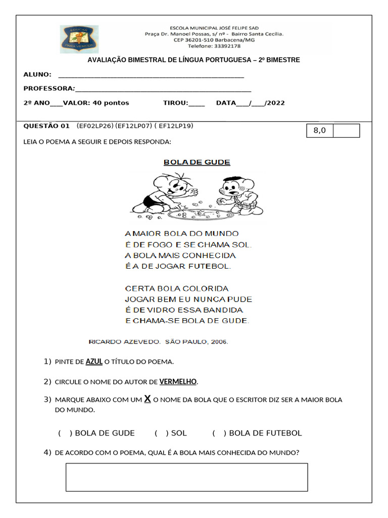 AVALIAÇÃO BIMESTRAL 2º Ano LINGUA PORTUGUESA 2022 - 2º Bimestre. | PDF ...