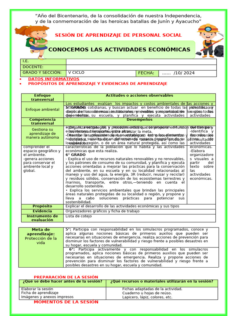 Sesión de Aprendizaje de Personal Social | PDF | Sustentabilidad ...
