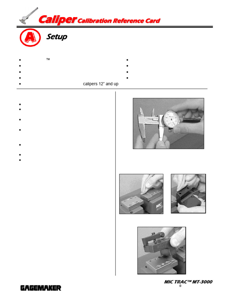 Gagemaker MT 3000 Caliper Calibration Reference Card | PDF | Calibration