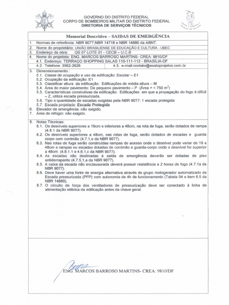 Memorial Descritivo - Saida Emergência | PDF