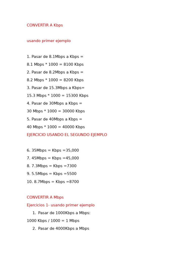 Conversión de Mbps, Kbps y Gbps | PDF