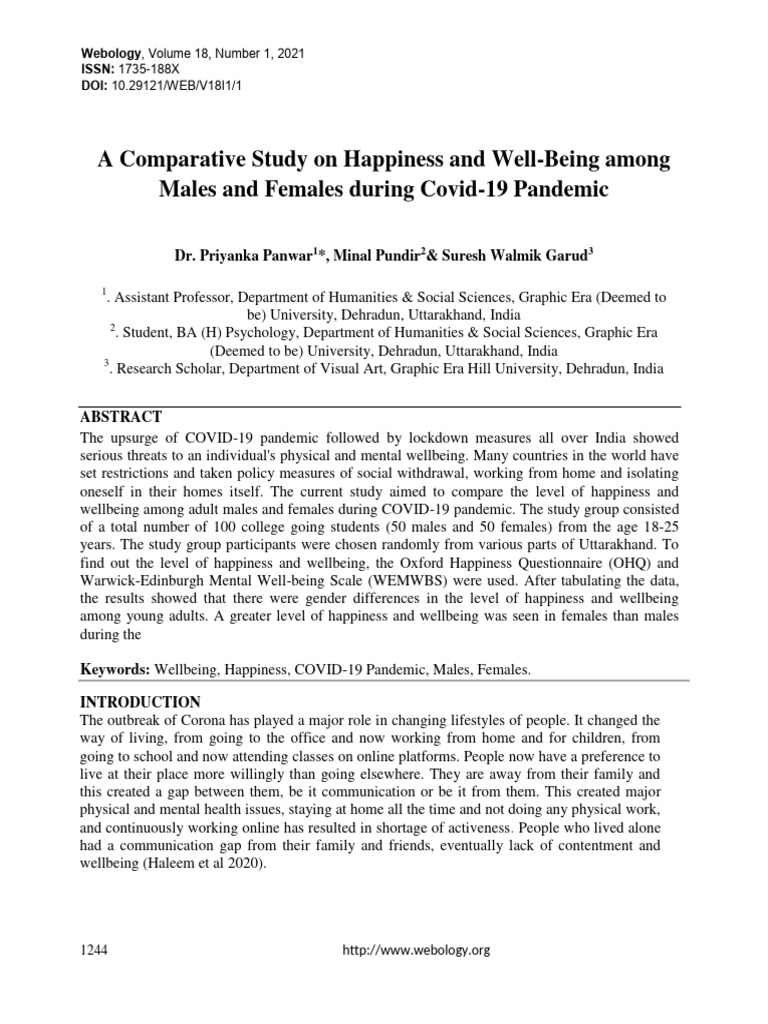 Gender Differences in Happiness During COVID-19 | PDF | Well Being ...