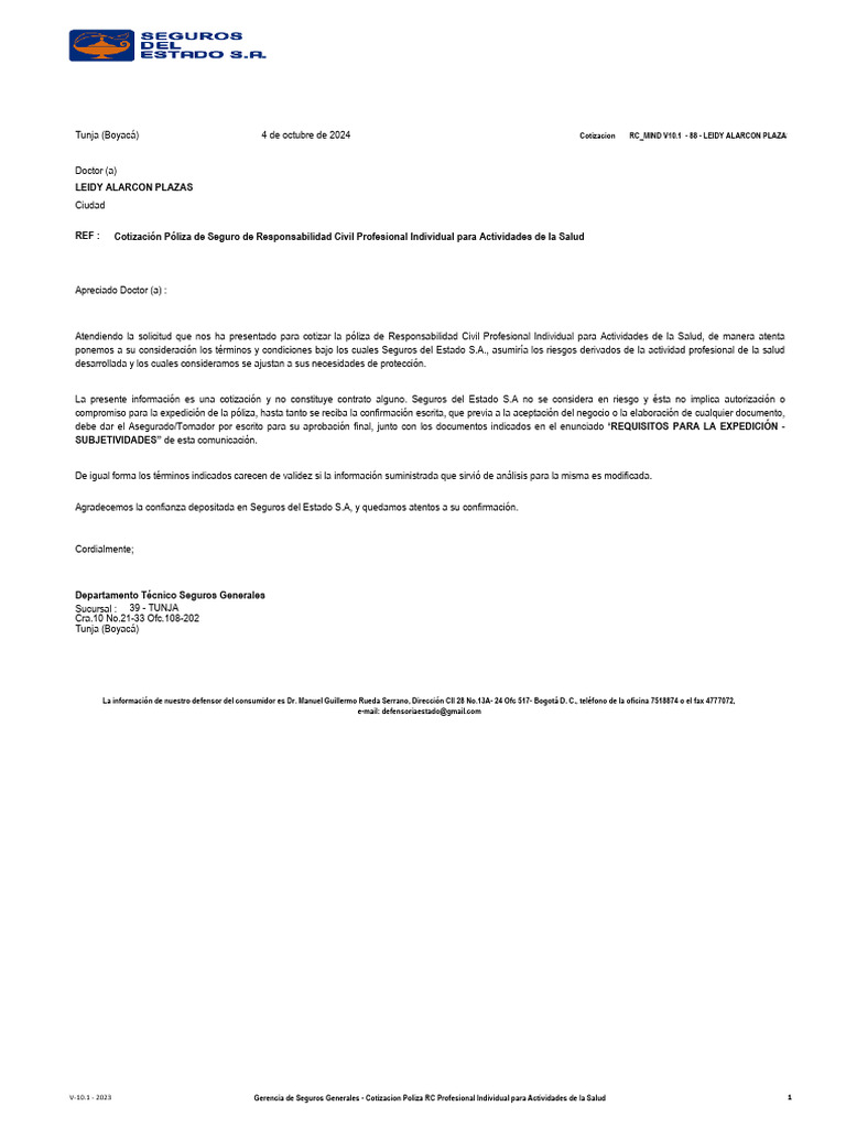 Cotizacion rc mind v10 1 88 leidy alarcon plazas pdf p liza de