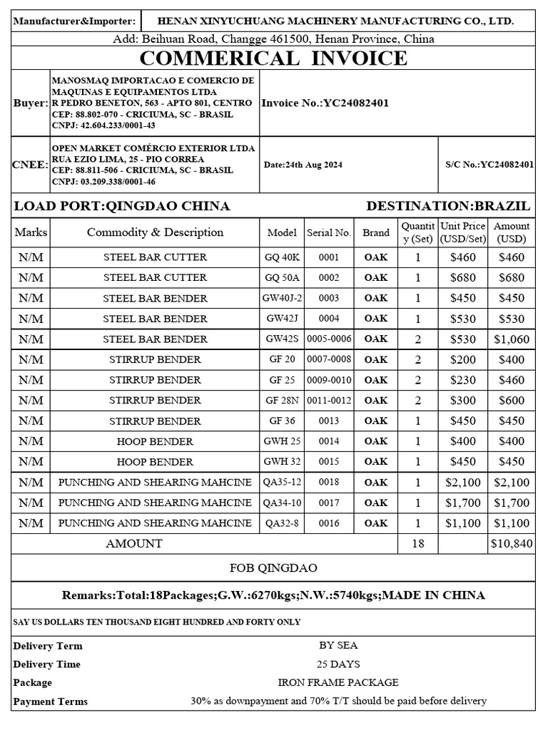 Commercial Invoice for Machinery Export | PDF