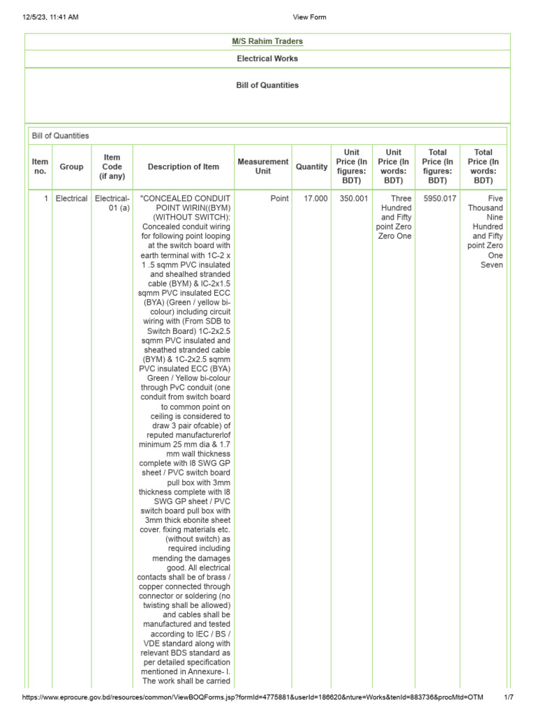 Electrical Works Bill of Quantities | PDF | Electrical Wiring | Ac ...