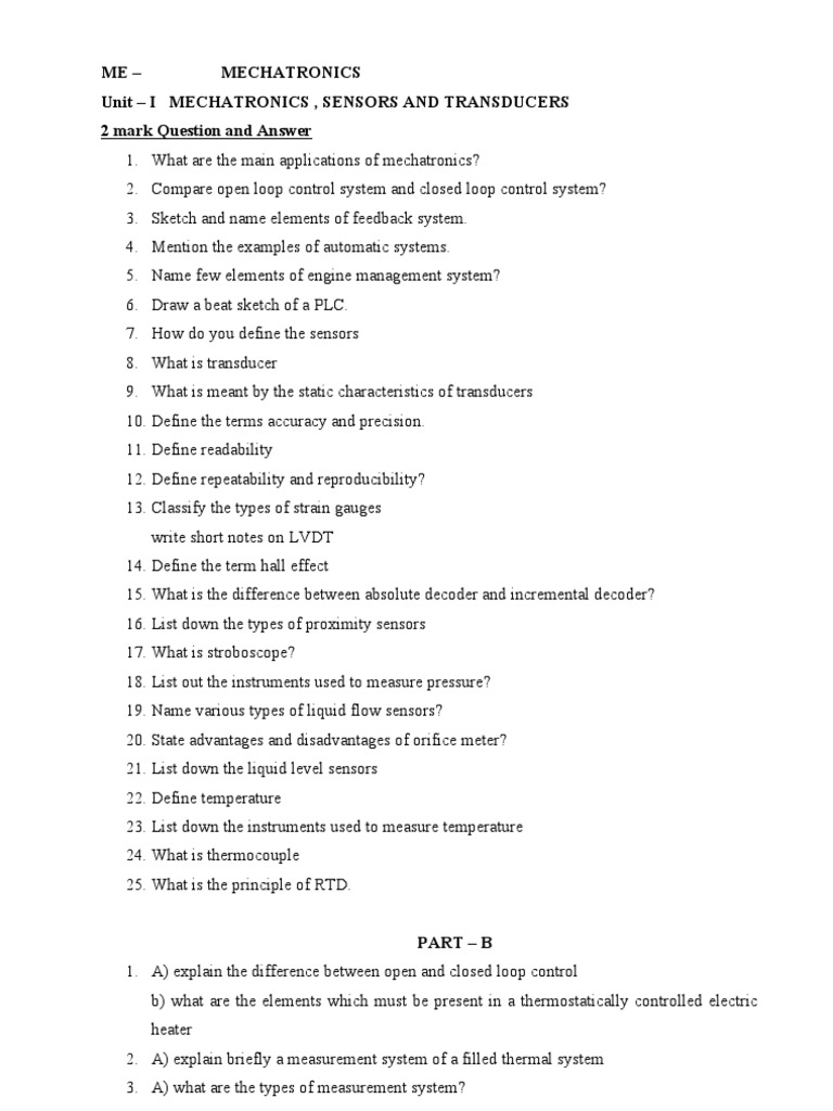 Mechatronics Question Paper and Answers | PDF | Programmable Logic ...