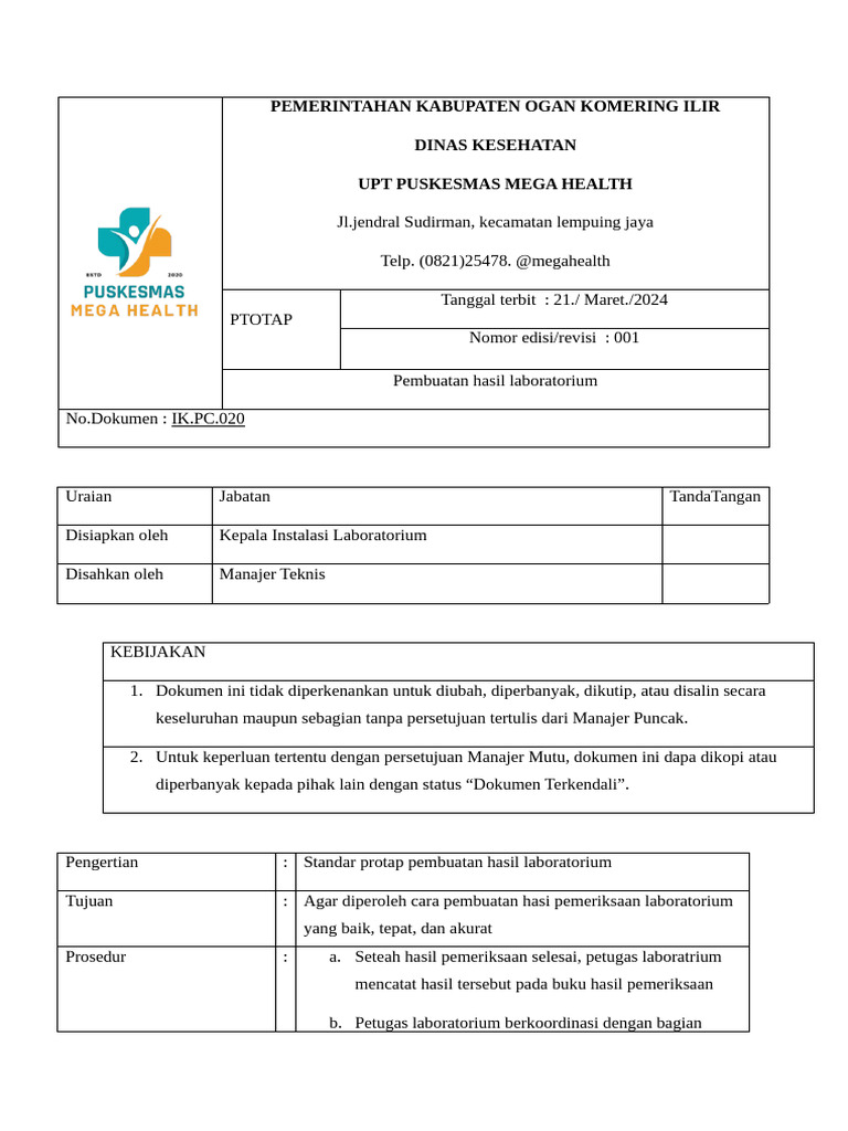 Protap Pembuatan Hasi Pemeriksaan | PDF