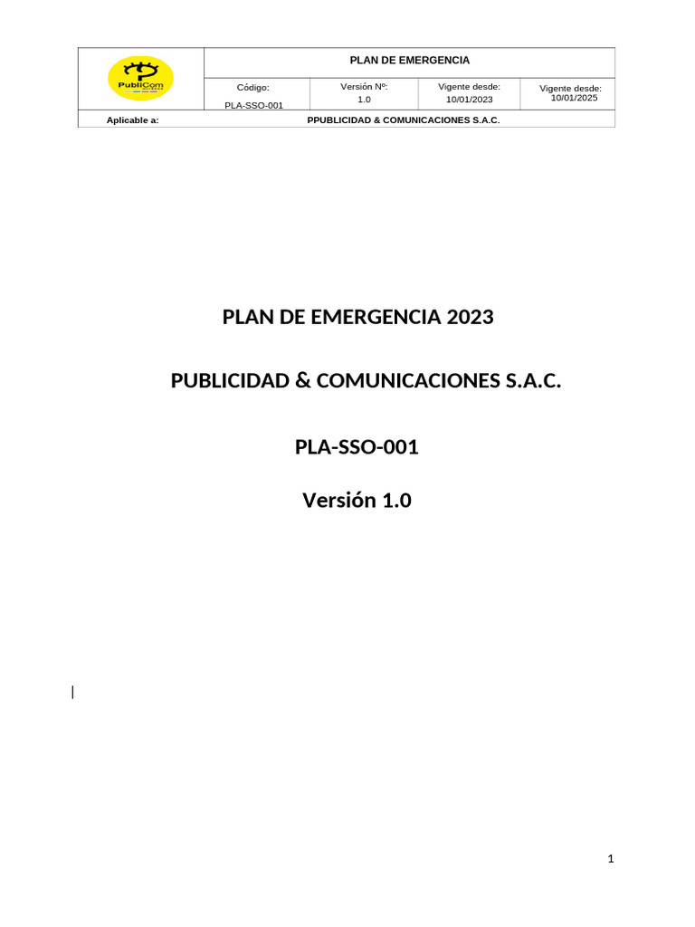 Plan de Emergencia 2023 para S.A.C. | PDF | Primeros auxilios | Defensa ...