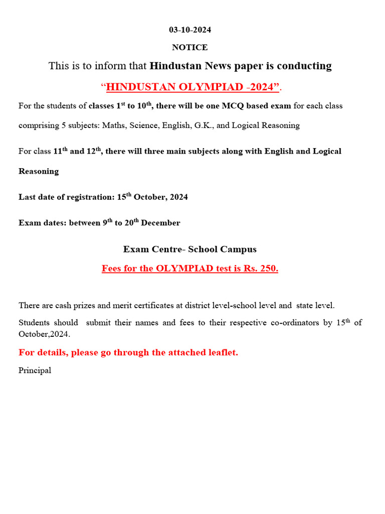 Hindustan Olympiad 2024 Registration Notice | PDF | Science