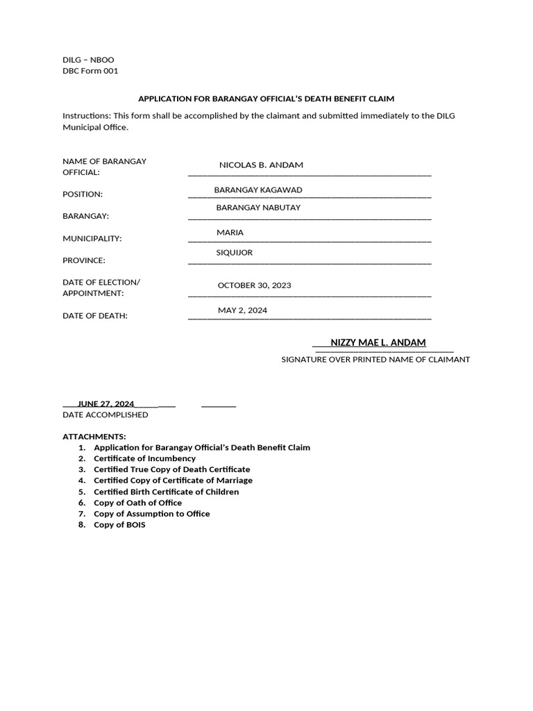 Application For Barangay Official's Death Benefit Claim | PDF