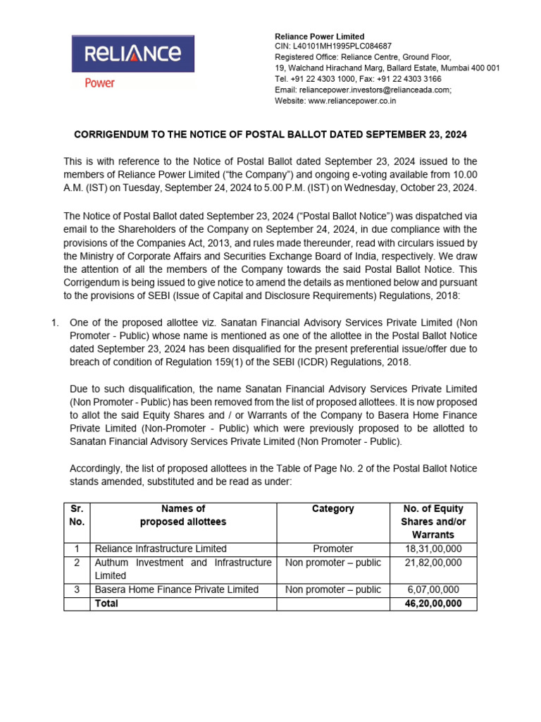 Shareholder Postal Ballot Update | PDF | Stocks | Corporations