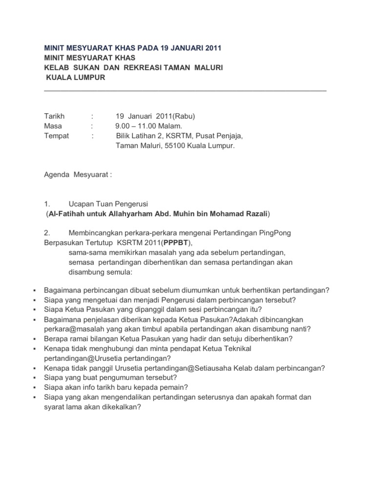 Contoh Minit Mesyuarat Khas Contoh Minit Mesyuarat Khas