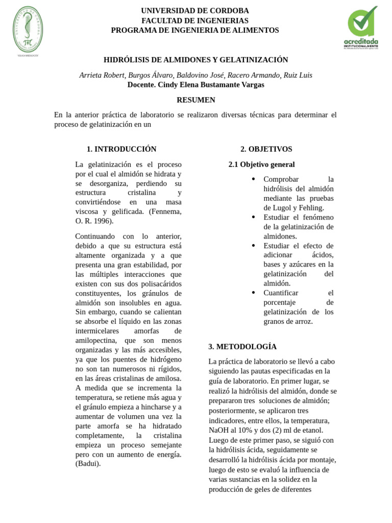 Hidrólisis y Gelatinización de Almidones | PDF | Almidón | Gel