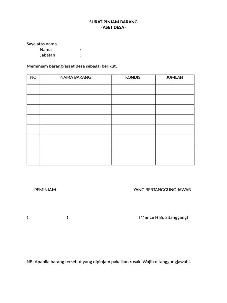 Surat Pinjam Aset Desa Resmi | PDF