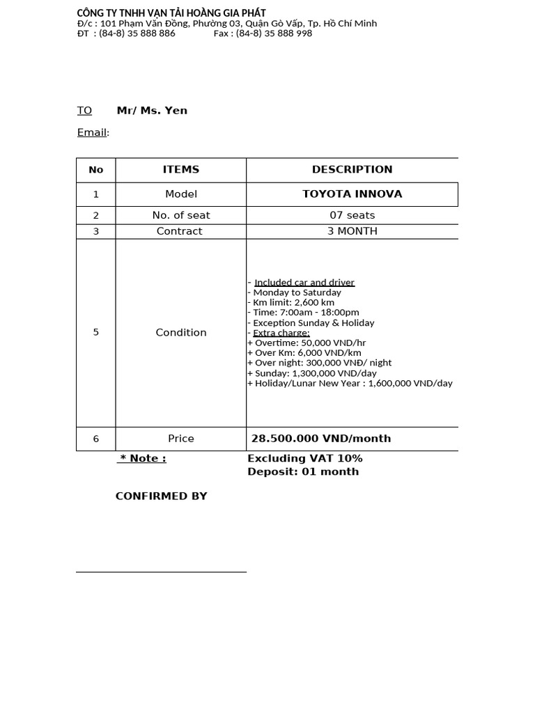 Rent Car Quotation (Innova+ Cerato) | PDF | Vietnam