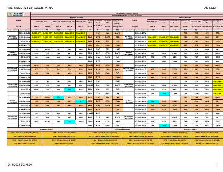 NEET 2024-25 Timetable for Aashiyana | PDF