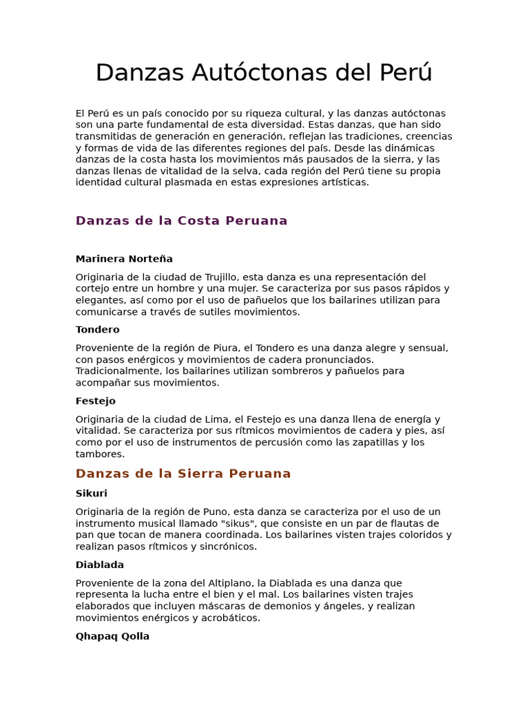 Danzas Autóctonas Del Perú | PDF | Bailes | Perú