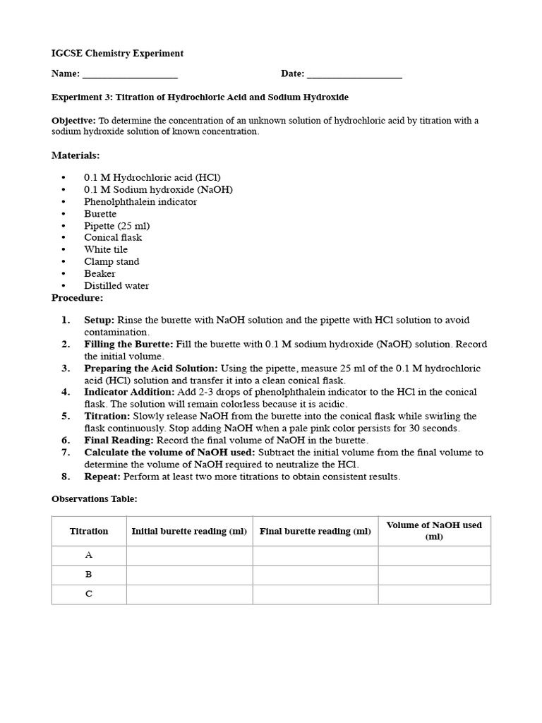 HCl and NaOH Titration Experiment Guide | PDF | Titration | Chemistry