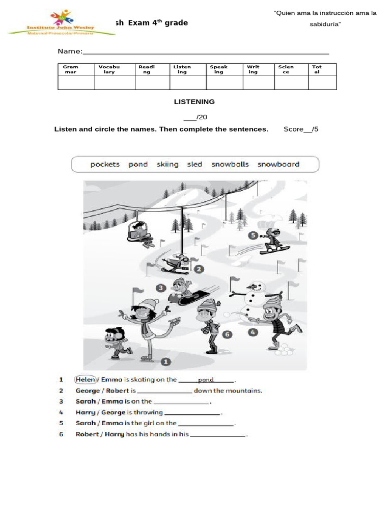 4th Grade English Exam Template | PDF | Linguistics | Human Communication