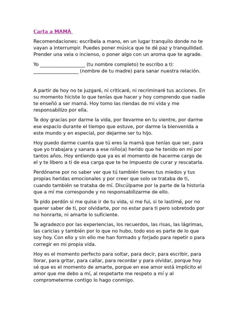 Carta de sanación para mamá | PDF | Amor | Autoestima