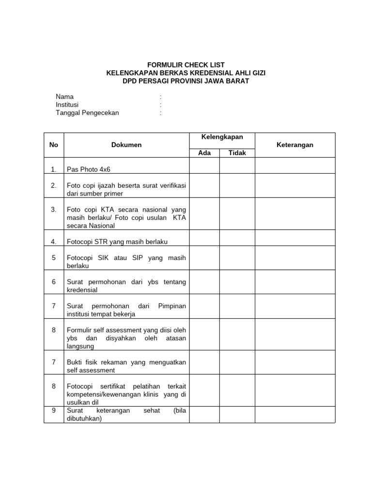 Formulir Check List Kredensial | PDF