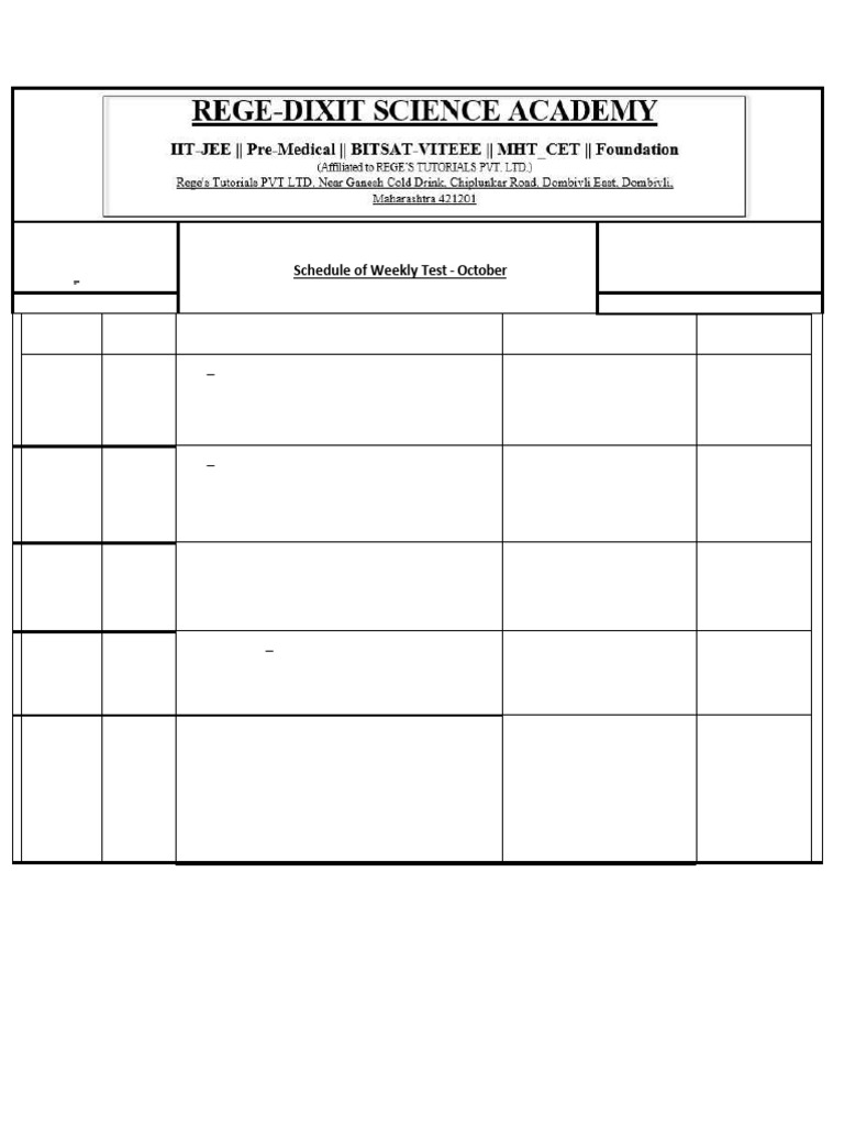 October 2023 JEE Weekly Test Schedule | PDF | Chemistry | Physical ...