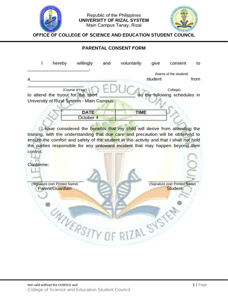 Parental Consent Form for Sports Tryout | PDF | Career & Growth ...