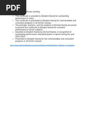Sample Award Certificate Wording