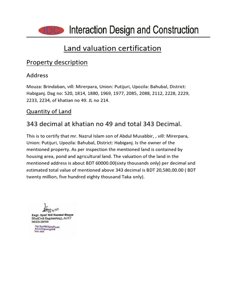 Asset Valuation Certificate for Land | PDF