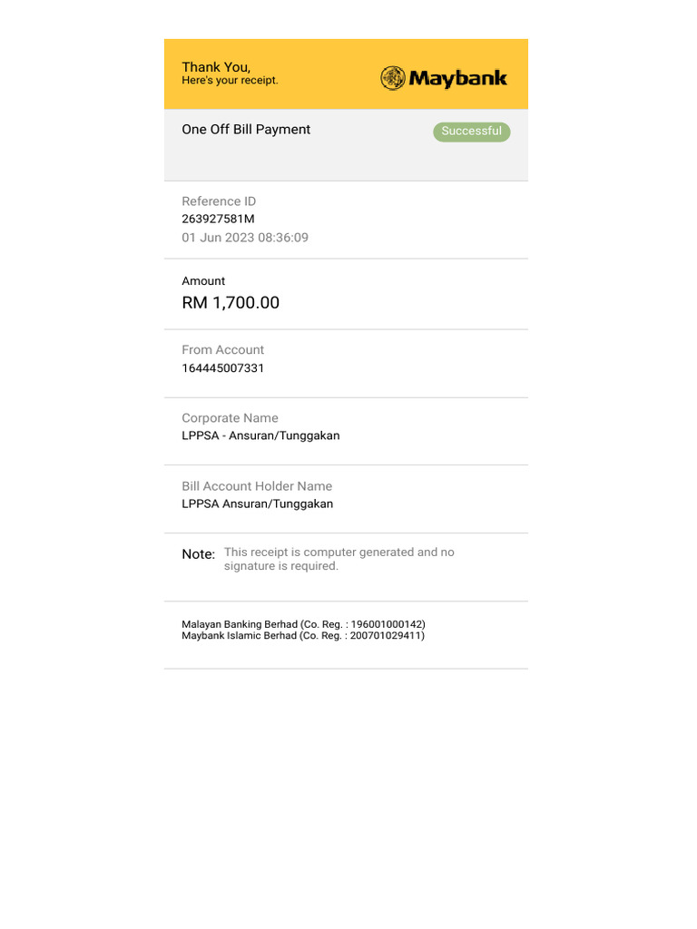 One Off Bill Payment Receipt - RM 1,700 | PDF
