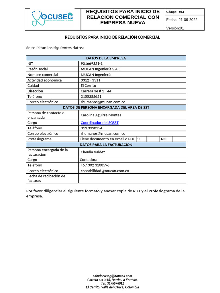 Codigo 044. Formato Requisitos para Empresa Nueva | PDF