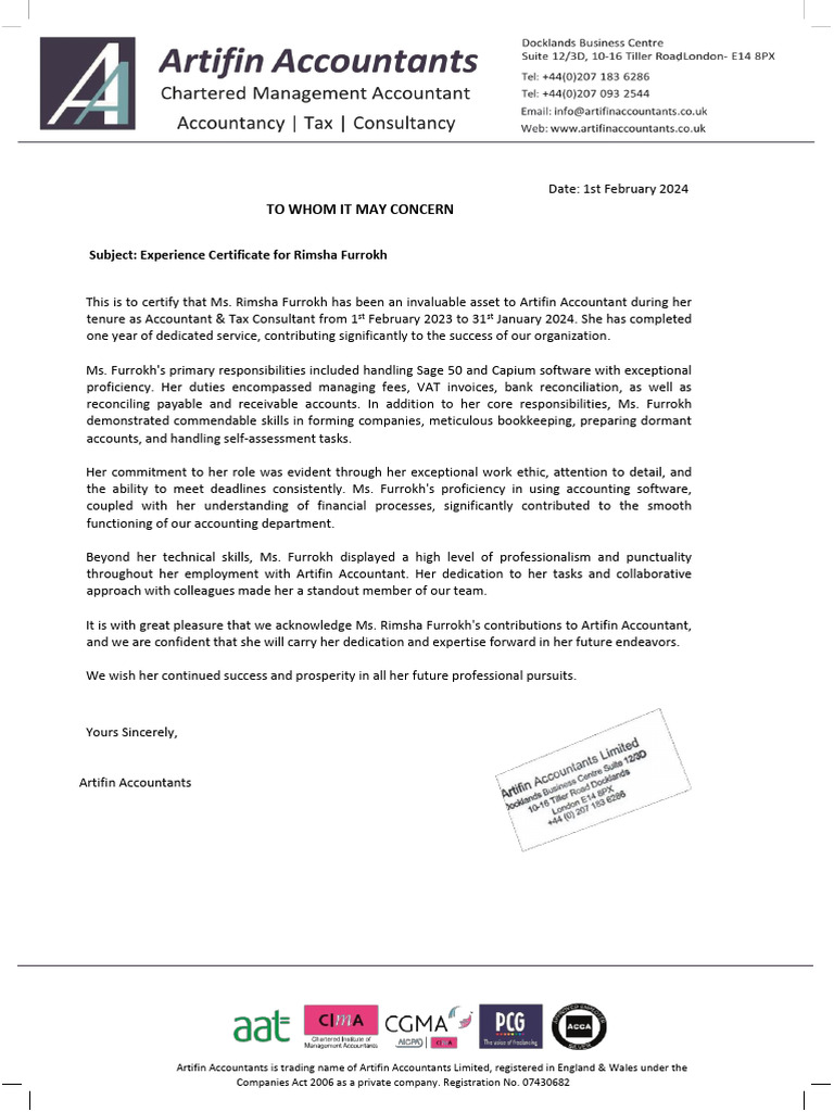 Experience Letter - Rimsha | PDF