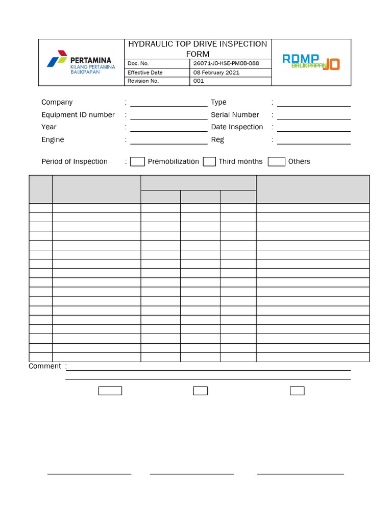 Hydraulic Top Drive Inspection Form | PDF | Technology & Engineering