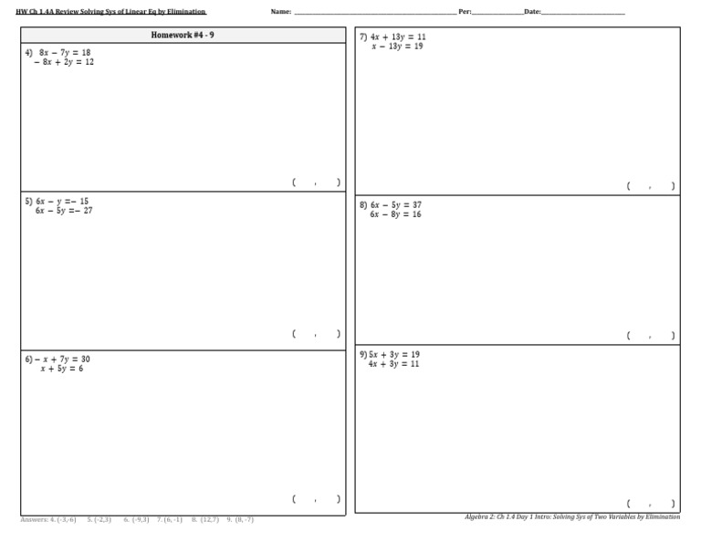 Algebra 2 HW 1.4A | PDF