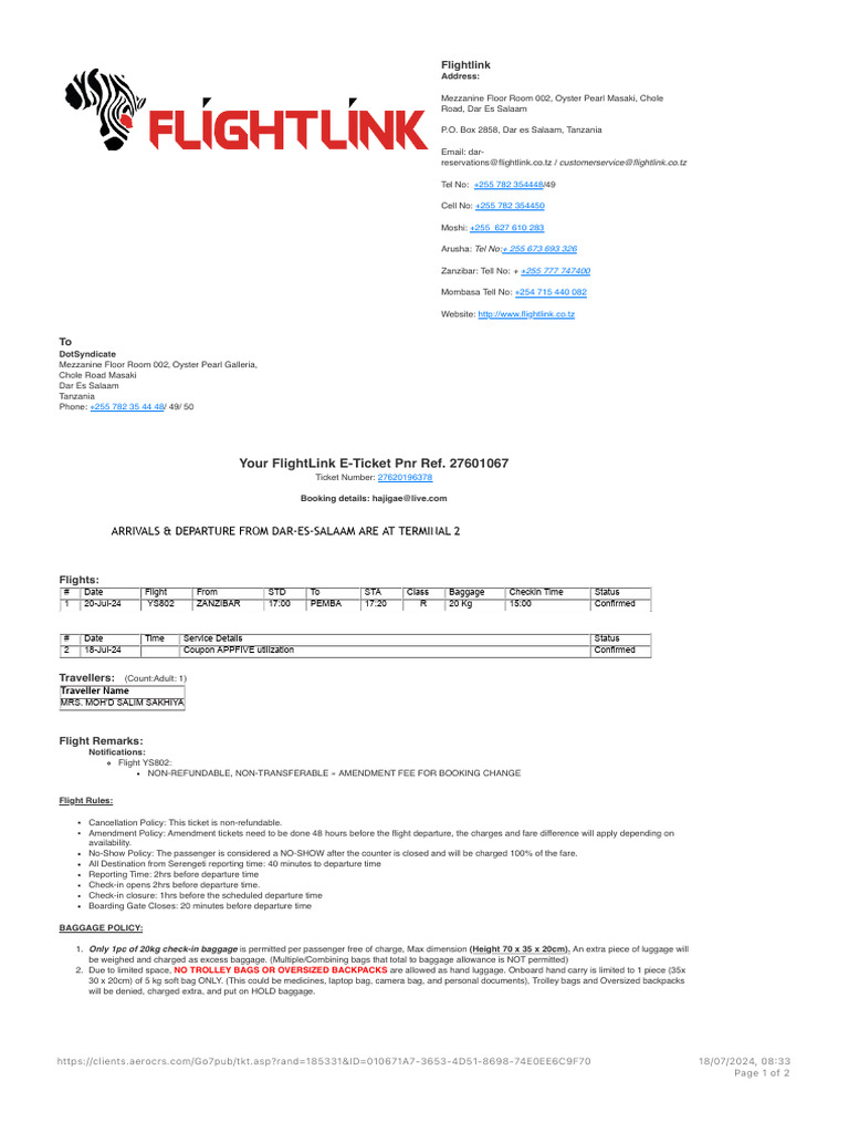 Flightlink E-Ticket Details & Policies | PDF | Baggage | Tanzania