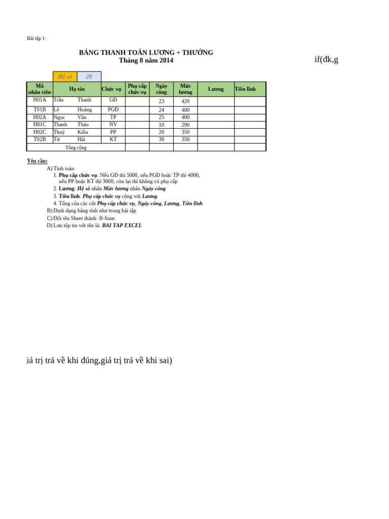 Bai Tap Excel 1 | PDF