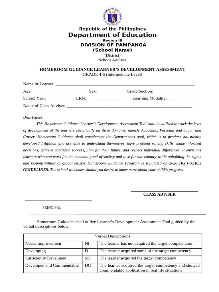 HOMEROOM GUIDANCE LEARNER DEVELOPMENT ASSESSMENT Intermediate Grade 4 6 ...