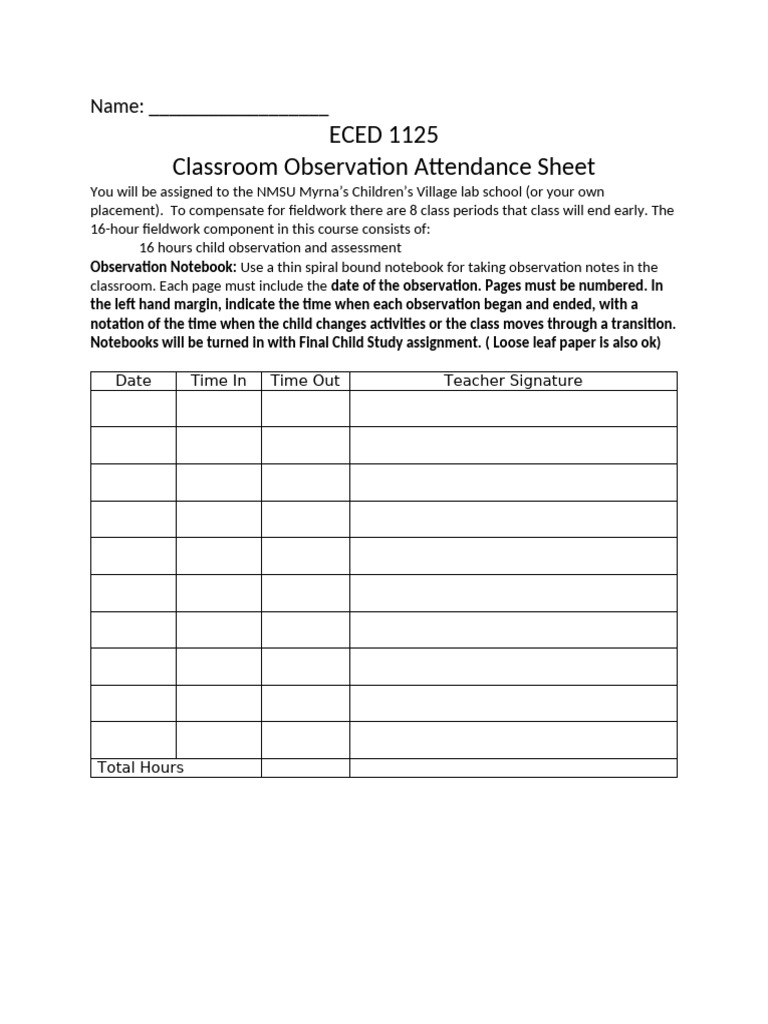 Classroom Observation Attendance Sheet | PDF