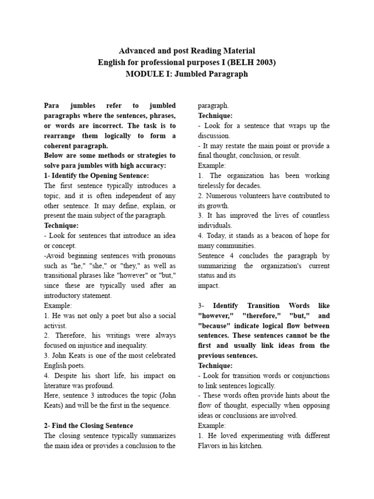 Para Jumbles Advanced and Post Reading Material | PDF | Pronoun ...