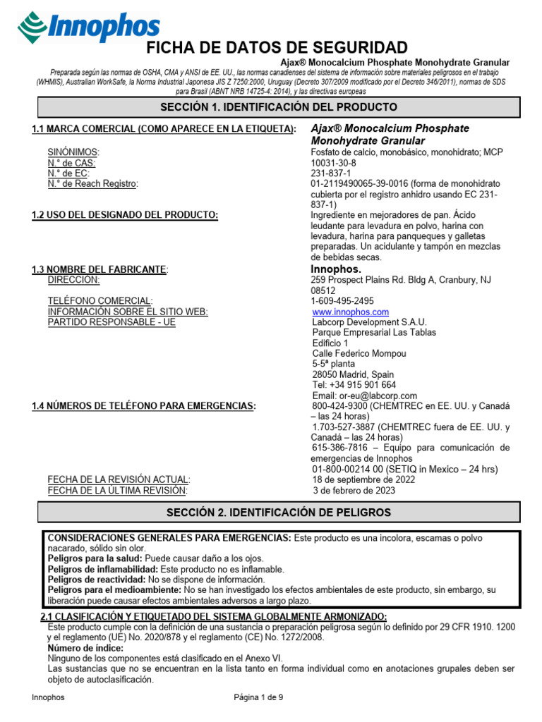 Safety Data Sheet (Spanish) | PDF | Administración de Seguridad y Salud