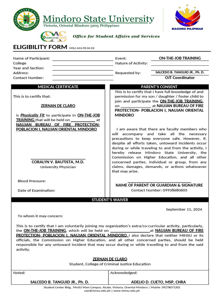 Eligibility Form For Ojt - 062904 | PDF | Social Science