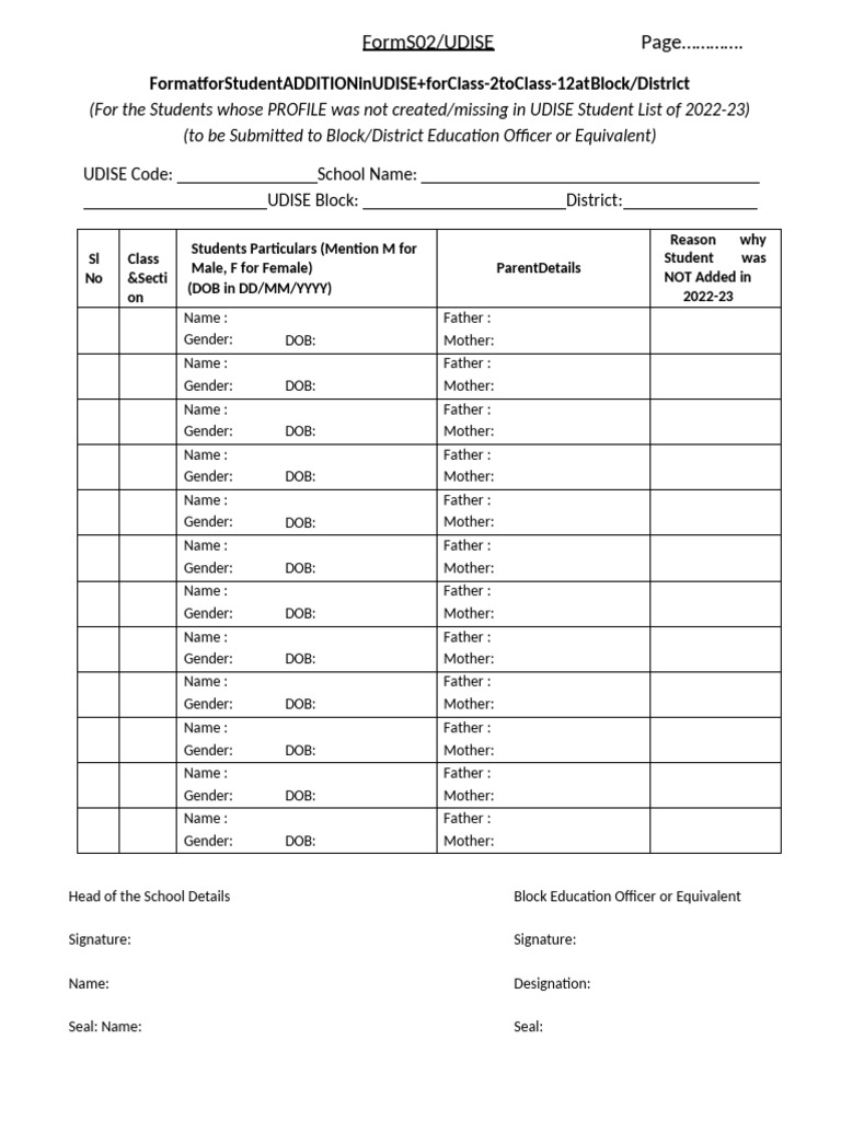 UDISE S02 Form for Student Addition | PDF