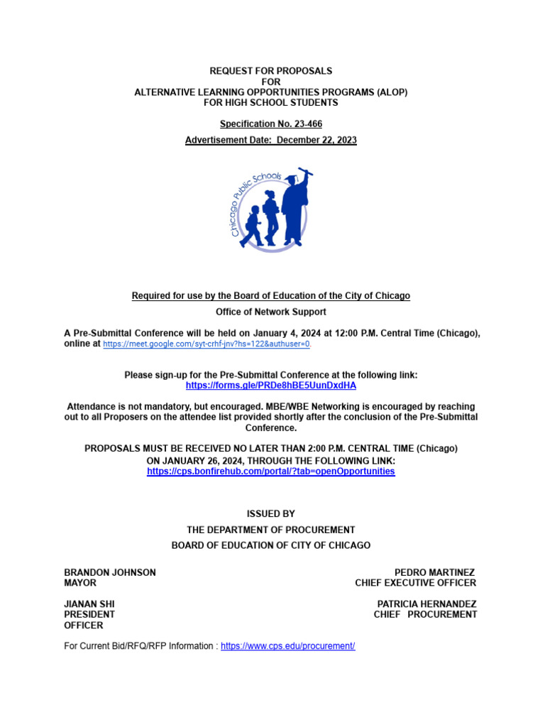 RFP for Alternative Learning Opportunities Program (ALOP) For High ...