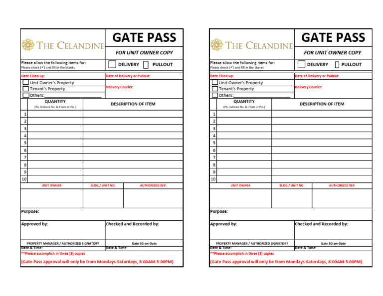 Gate Pass (Unit Owner Copy) | PDF