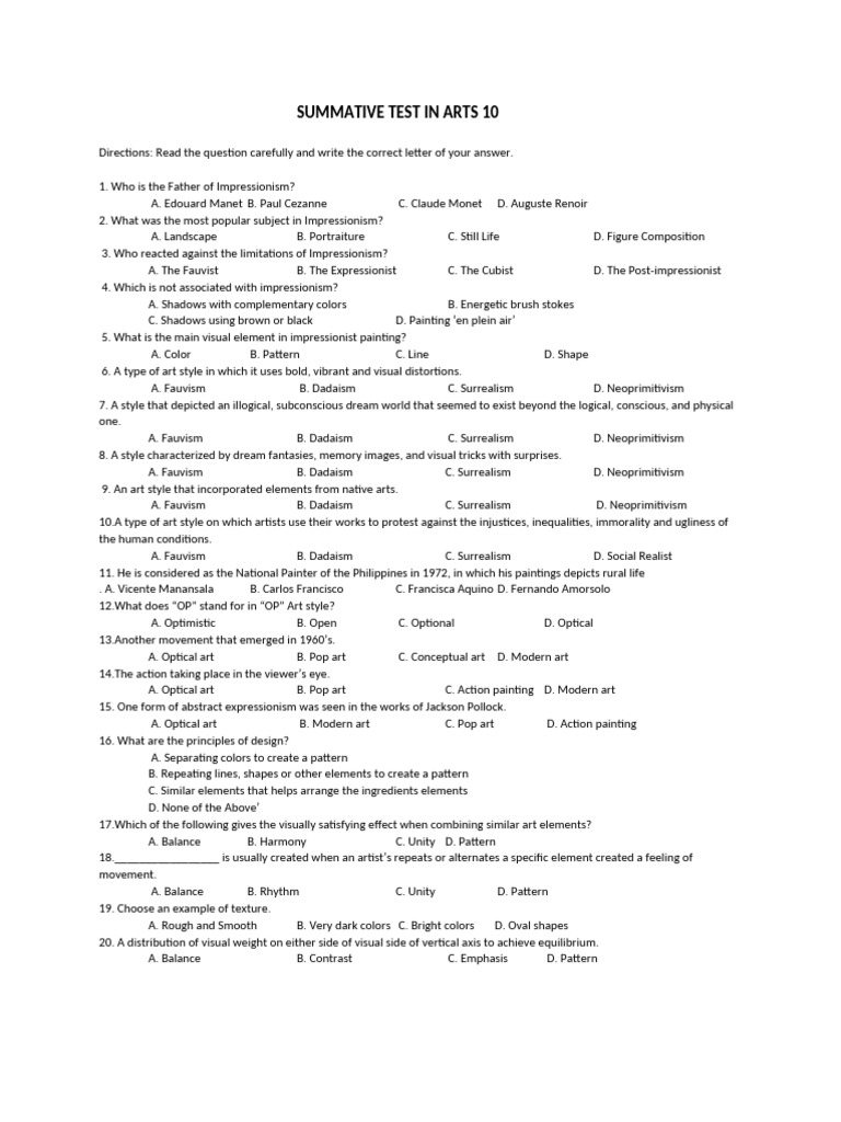Summative Test In Arts 10 Pdf Style Modernism