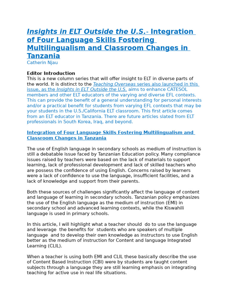 ELT Strategies for Multilingualism in Tanzania | PDF | Learning ...