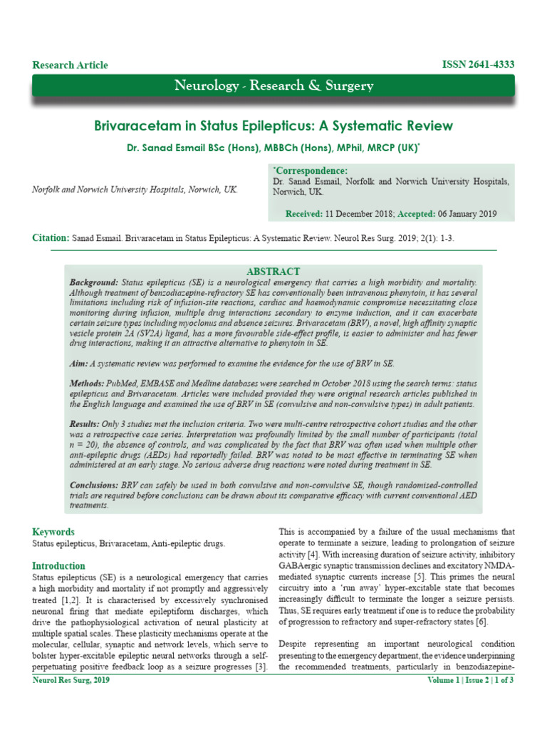 Brivaracetam in Status Epilepticus: A Systematic Review | PDF ...