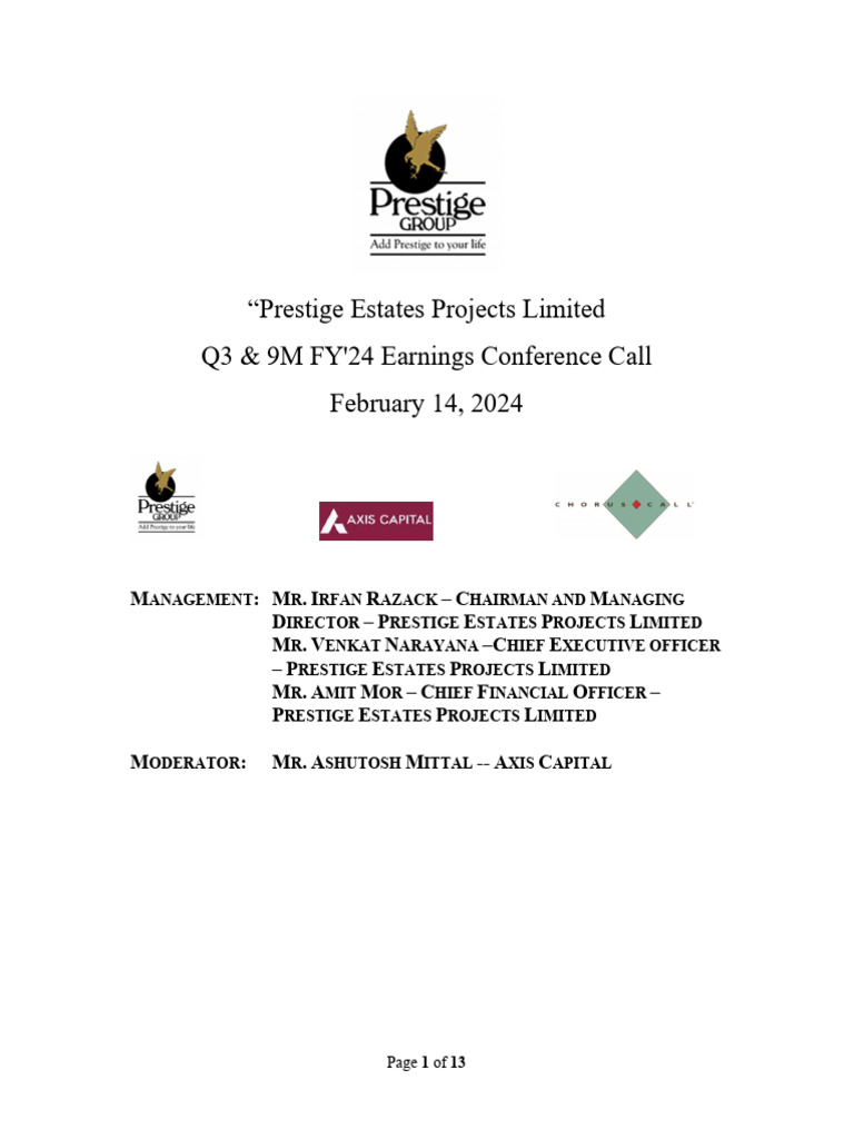  prestige estates projects limited q3 9m fy 24 earnings conference