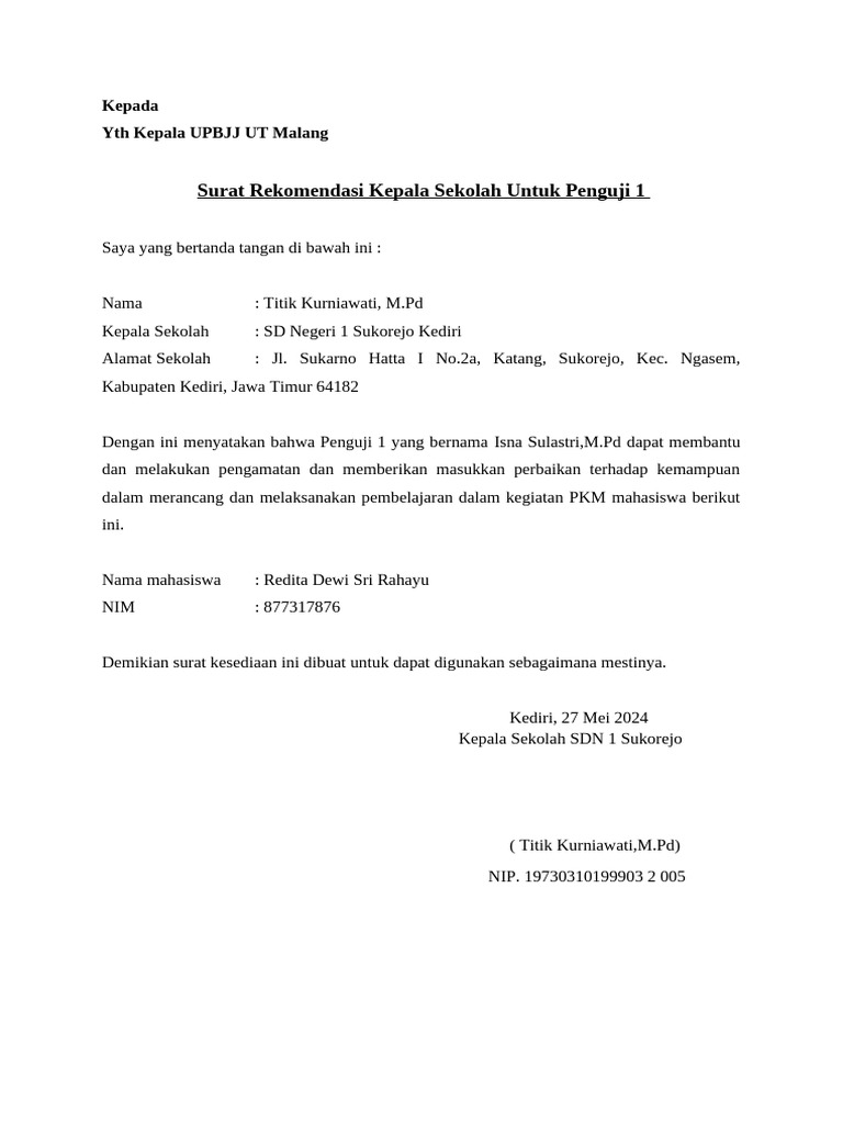 Surat Rekomendasi Penguji PKM | PDF